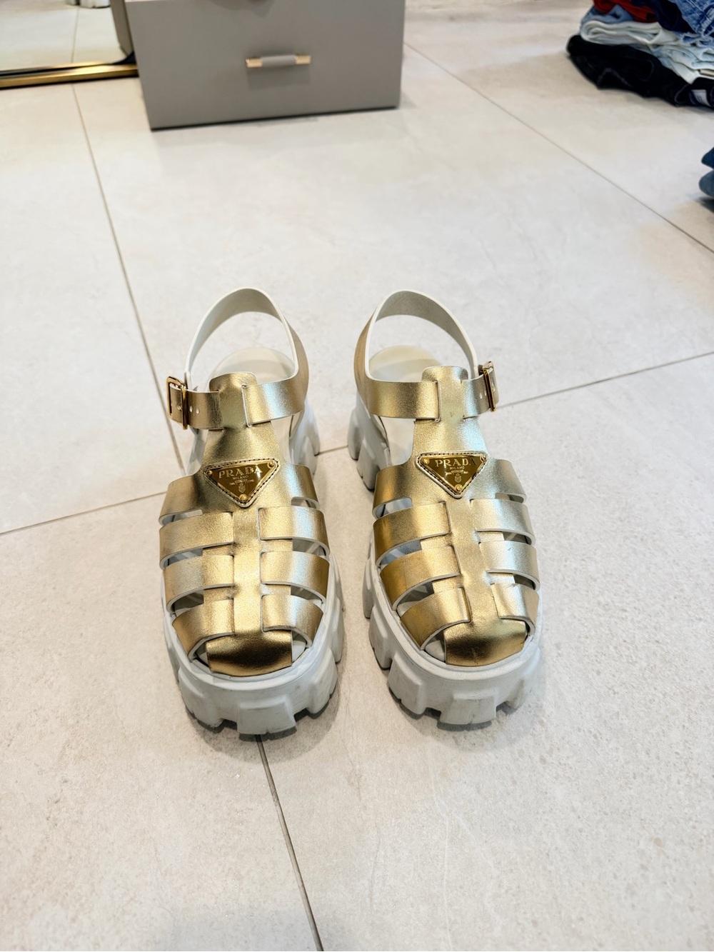 Prada Metallic Gold Kids Fisherman Sandals with Chunky White Sole